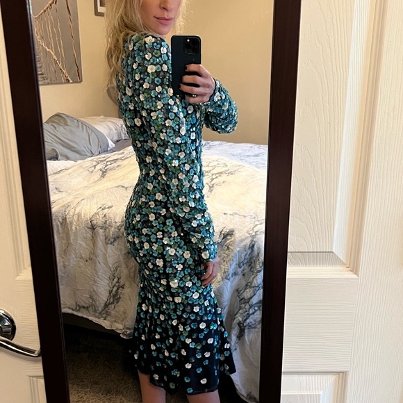 Michael Kors Collection Long Sleeve Blue Dress with Flower Sequin Details - Picture 2 of 5